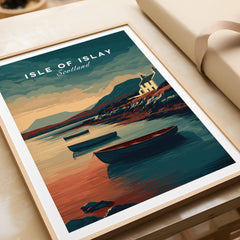 Isle of Islay Scotland Wall Art Print | Coastal Boats Travel Poster featuring scenic boats in a scenic waterfront.