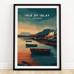 Isle of Islay Scotland Wall Art Print | Coastal Boats Travel Poster showcasing boats on a serene waterway.