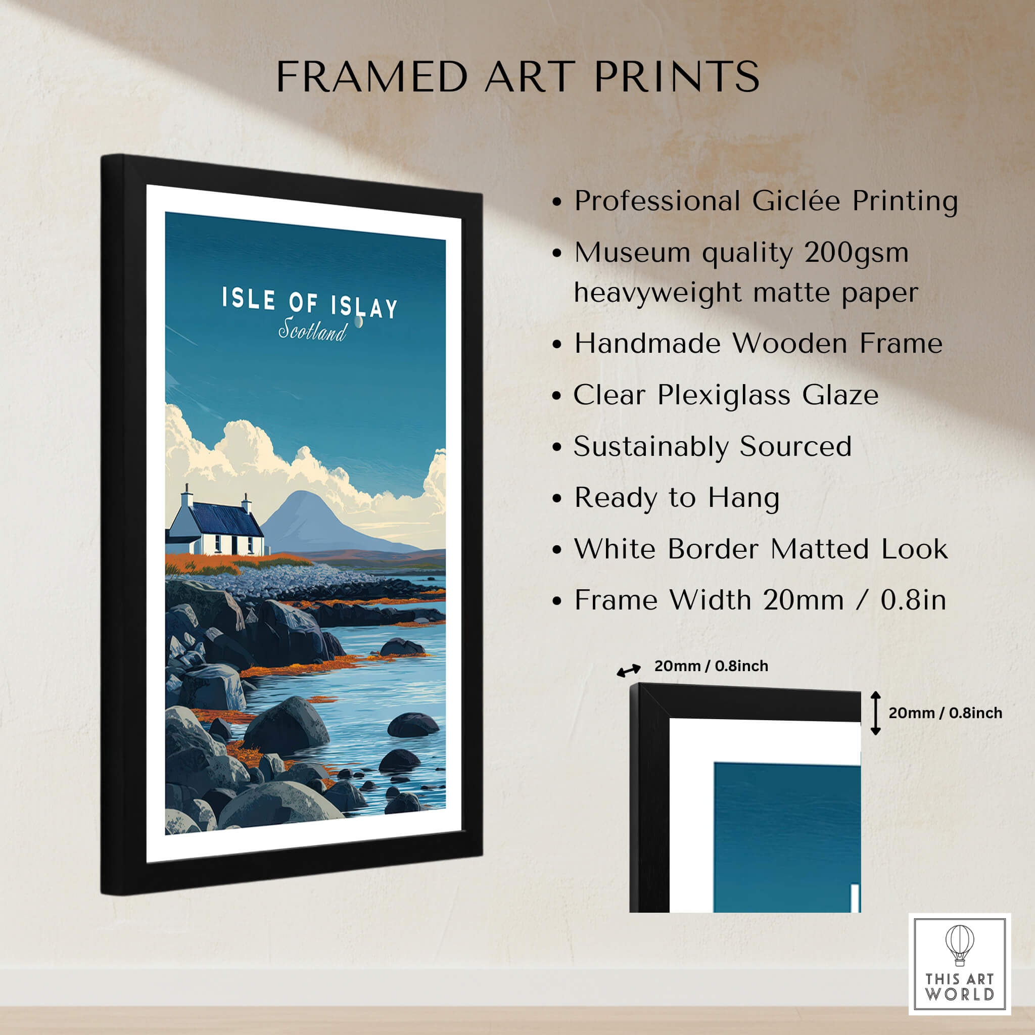 Isle of Islay Scotland Wall Art Print | Rocky Shore Travel Poster framed art print showcasing rocky shoreline and vivid colors.