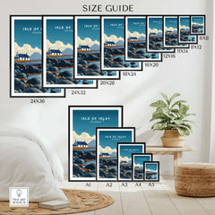 Isle of Islay Scotland Wall Art Print | Rocky Shore Travel Poster size guide showcasing various frame sizes.