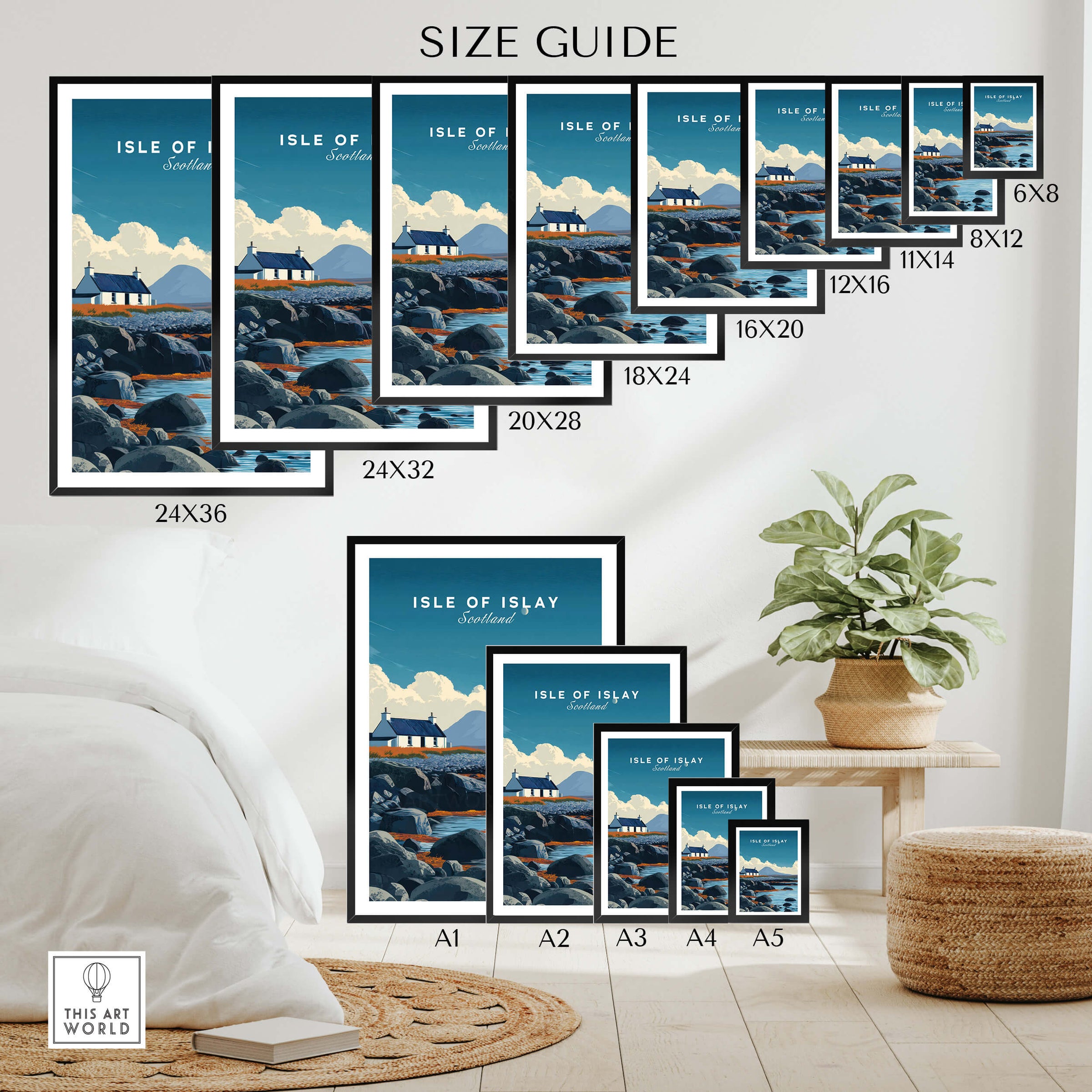 Isle of Islay Scotland Wall Art Print | Rocky Shore Travel Poster size guide showcasing various frame sizes.