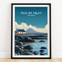 Isle of Islay Scotland Wall Art Print | Rocky Shore Travel Poster showcasing a scenic view with a cozy cottage by the shore.