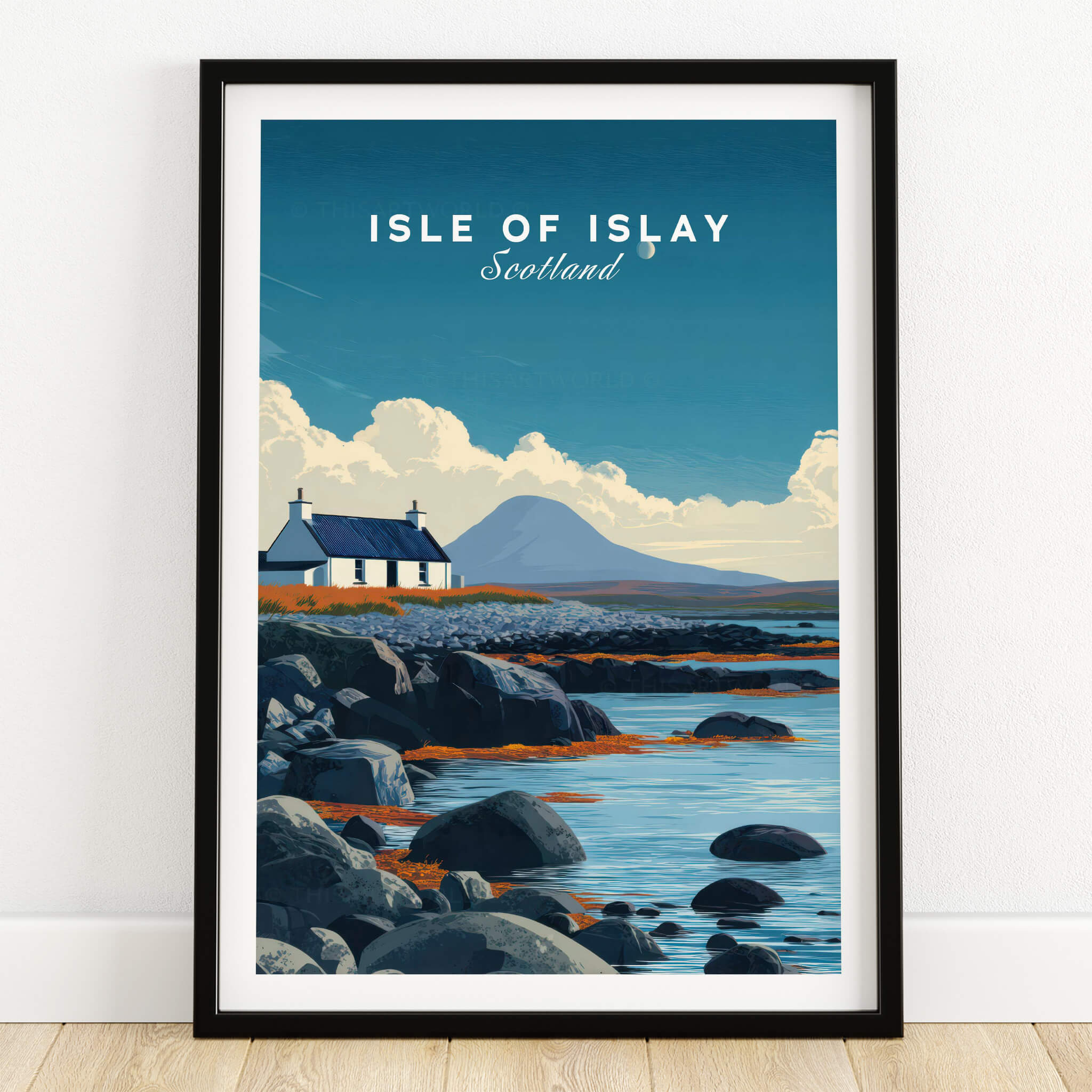 Isle of Islay Scotland Wall Art Print | Rocky Shore Travel Poster showcasing a scenic view with a cozy cottage by the shore.