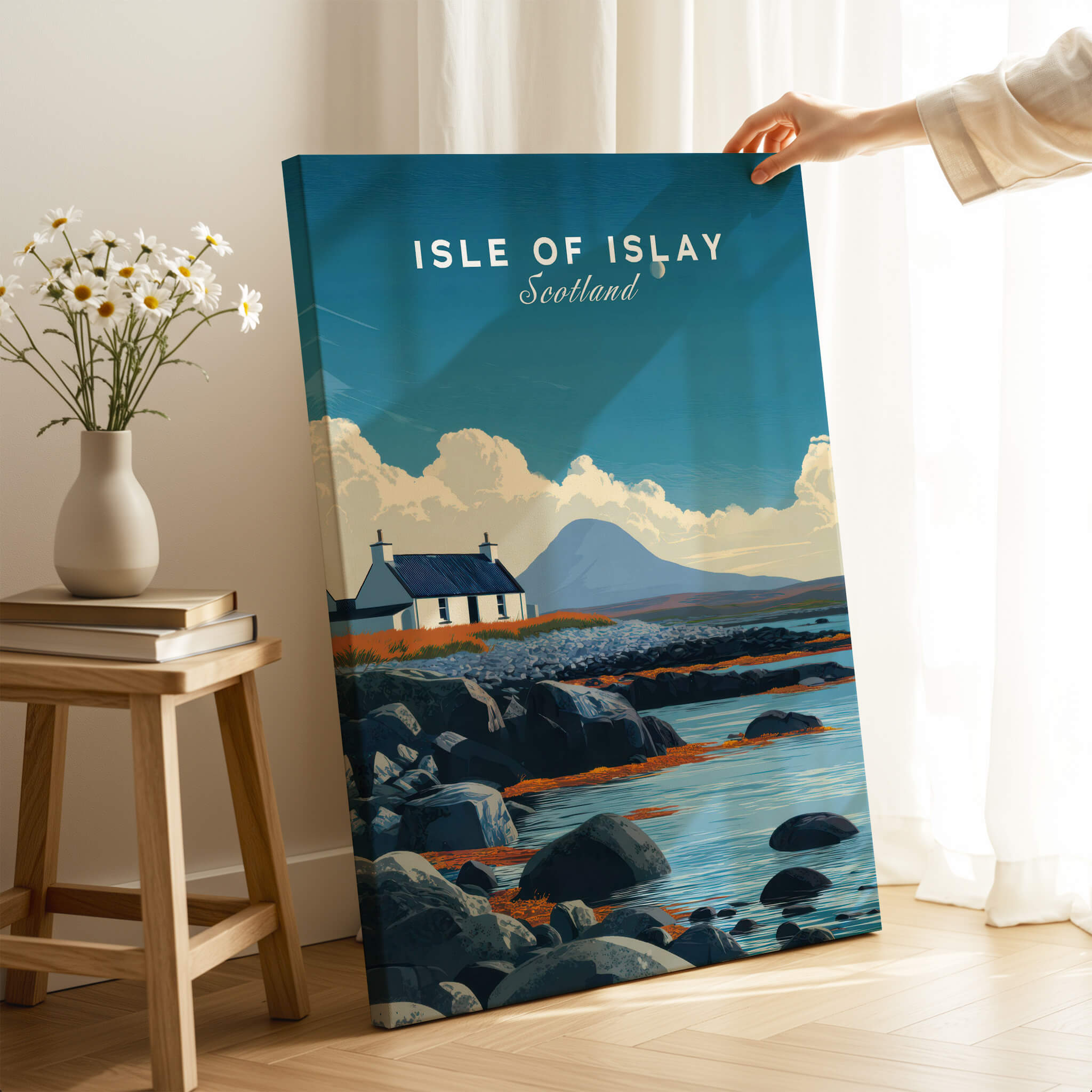 Isle of Islay Scotland Wall Art Print | Rocky Shore Travel Poster showcasing a picturesque coastal scene.