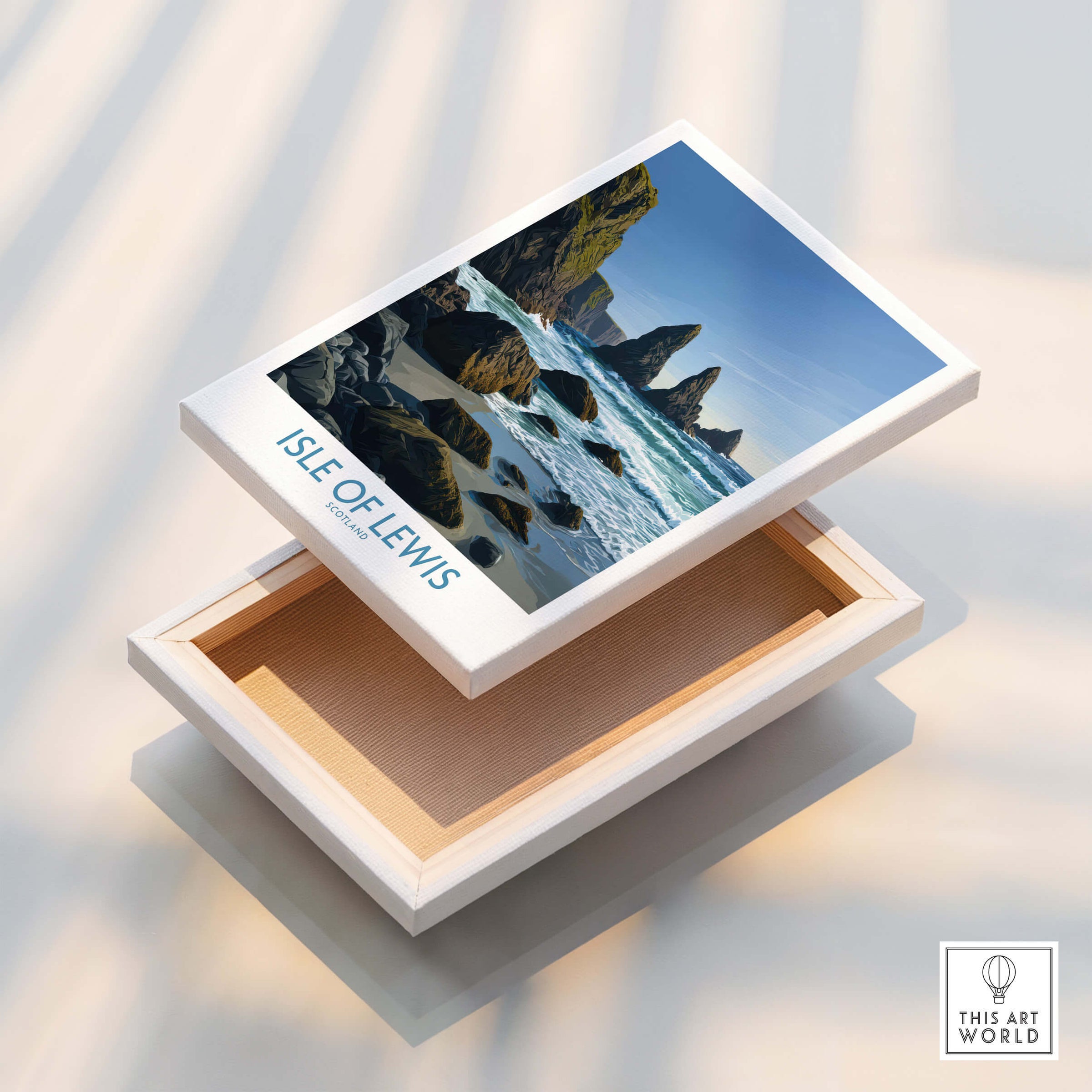 Isle of Lewis Scotland Poster | Dramatic Coastal Rock Canvas Print displayed on a canvas box showcasing coastal scenery.