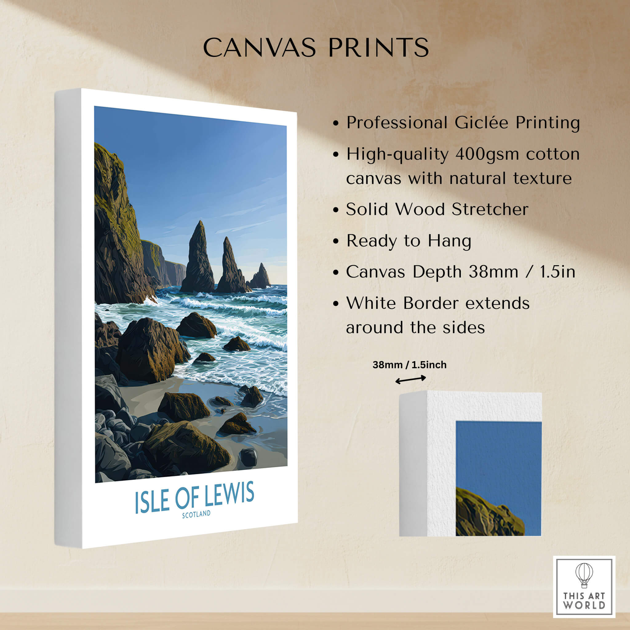 Isle of Lewis Scotland Poster | Dramatic Coastal Rock Canvas Print displayed in a gallery setting.