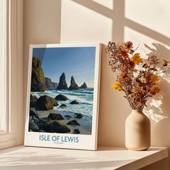 Isle of Lewis Scotland Poster | Dramatic Coastal Rock Canvas Print displayed by a window with a vase of flowers.