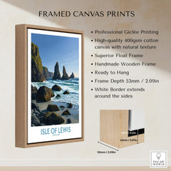 Isle of Lewis Scotland Poster | Dramatic Coastal Rock Canvas Print framed in a wooden float frame with white border.