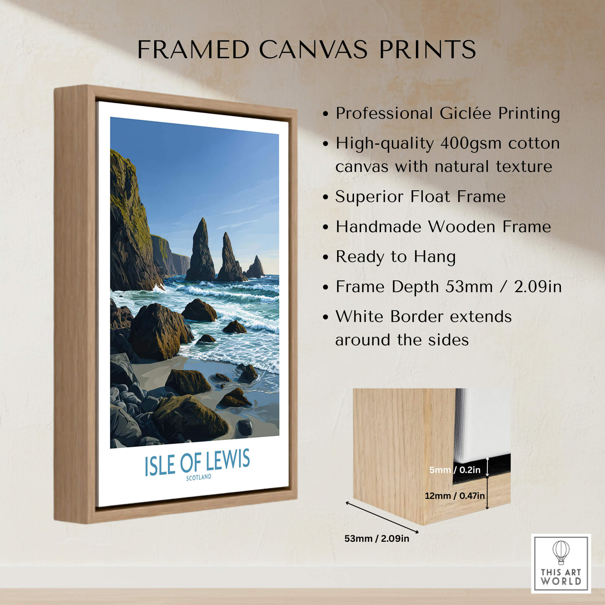 Isle of Lewis Scotland Poster | Dramatic Coastal Rock Canvas Print framed in a wooden float frame with white border.