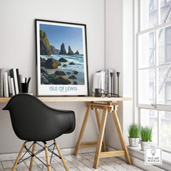 Isle of Lewis Scotland Poster | Dramatic Coastal Rock Canvas Print displayed in a modern workspace with a black chair.