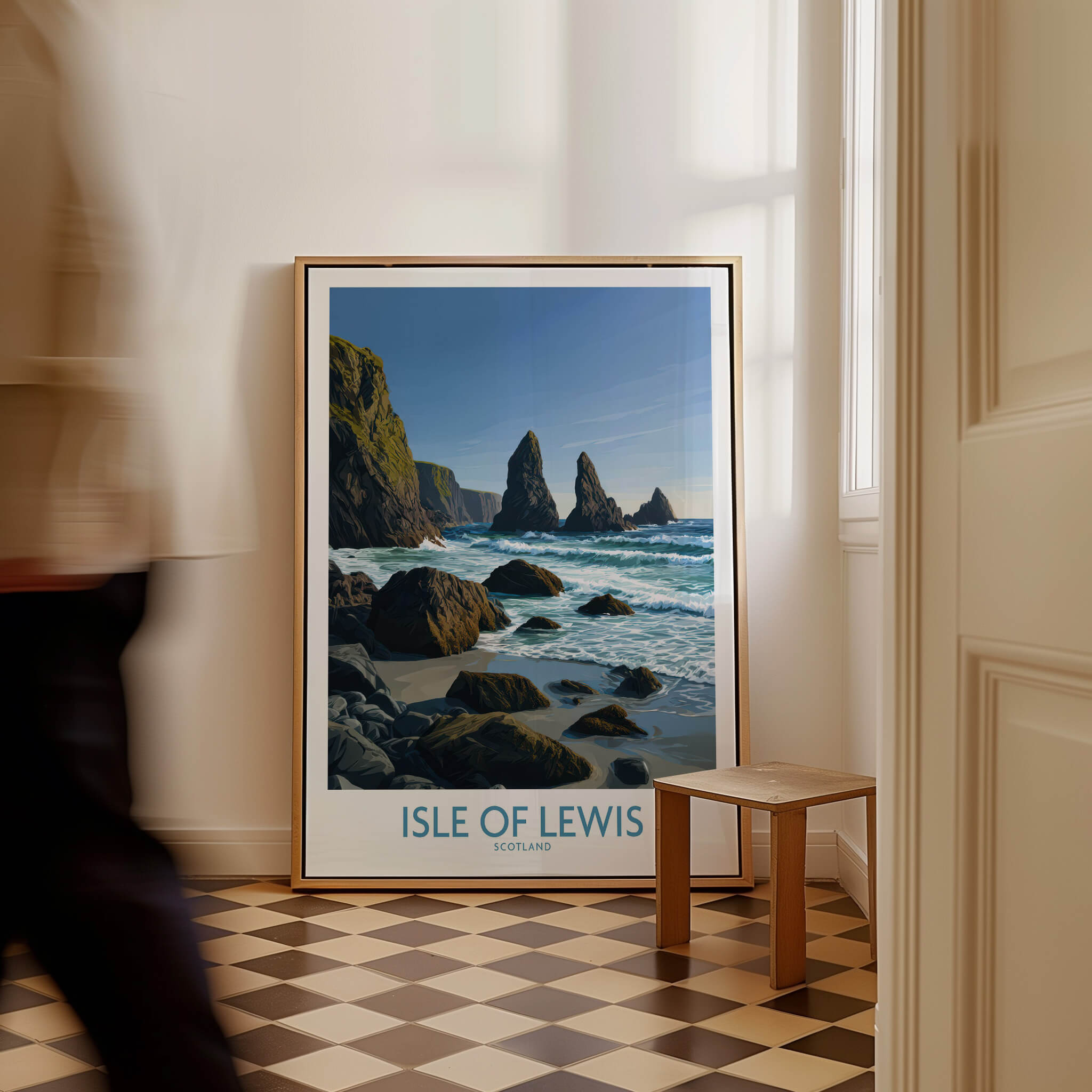 Isle of Lewis Scotland Poster | Dramatic Coastal Rock Canvas Print displayed in a stylish interior setting.