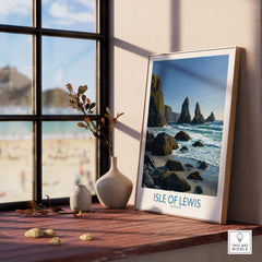 Isle of Lewis Scotland Poster | Dramatic Coastal Rock Canvas Print displayed near a window with beach view.