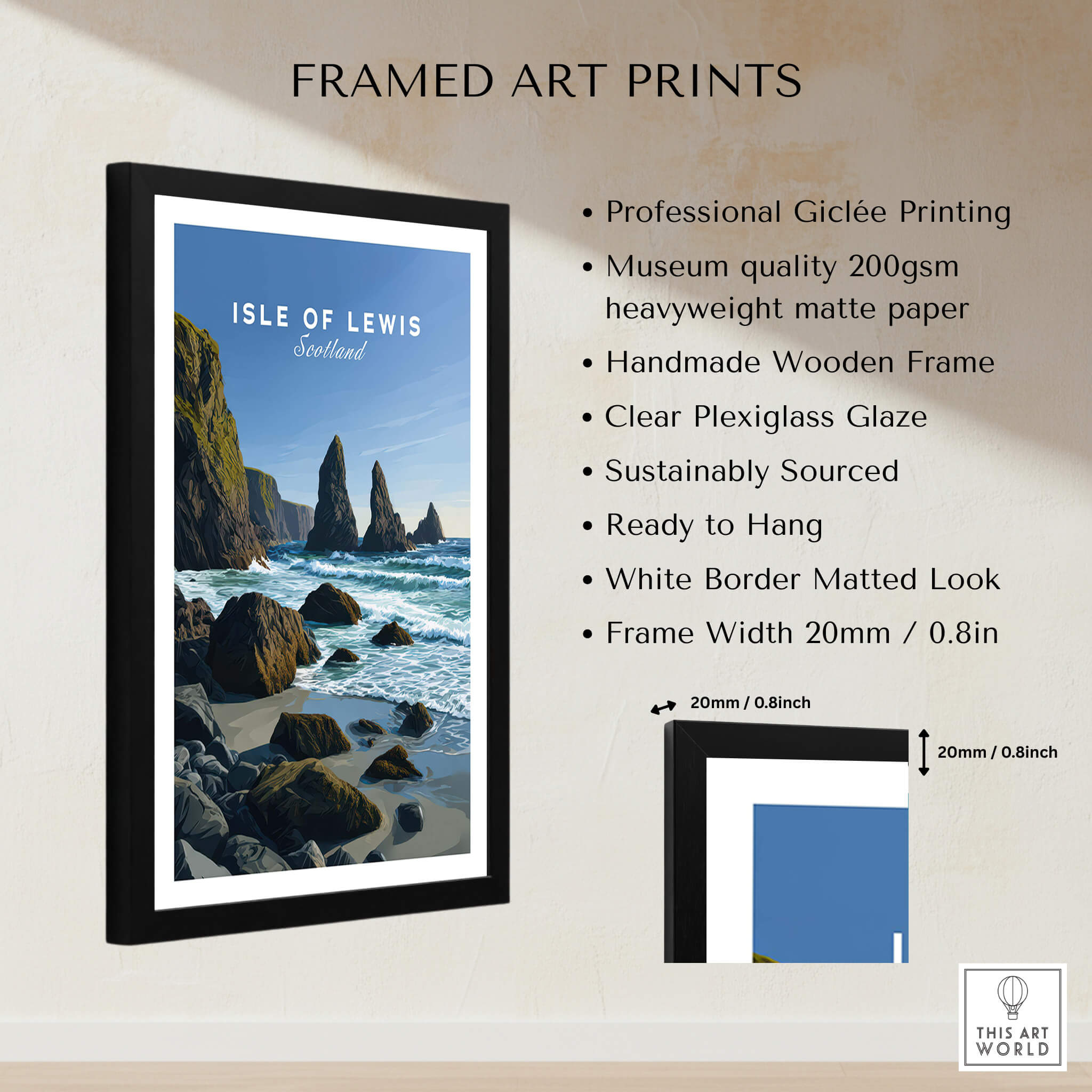 Isle of Lewis Scotland Wall Art Print | Mangersta Stacks Travel Poster framed art print showcasing dramatic coastal views.
