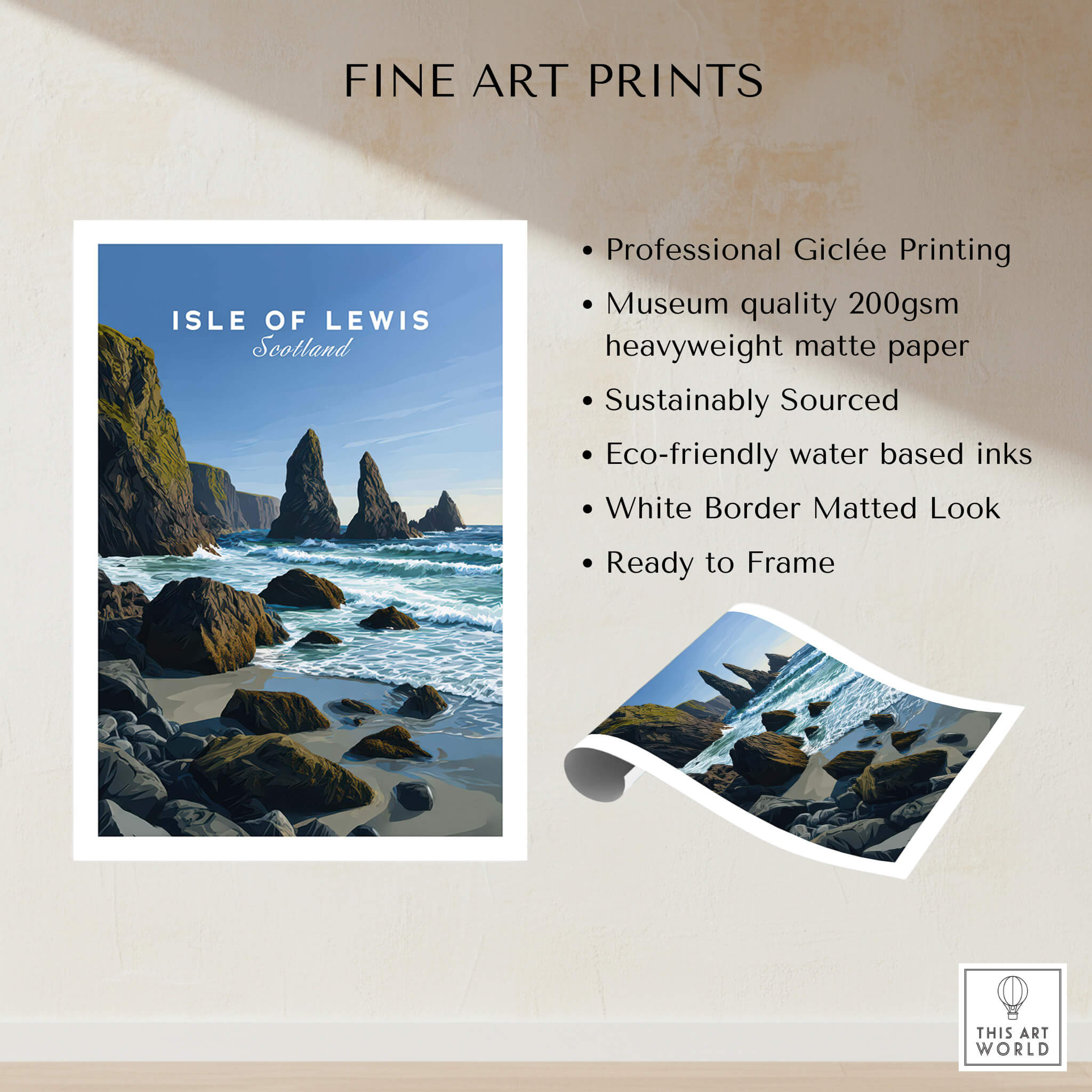Isle of Lewis Scotland Wall Art Print | Mangersta Stacks Travel Poster featuring stunning coastal scenery.
