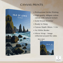 Isle of Lewis Scotland Wall Art Print | Mangersta Stacks Travel Poster canvas print showcasing dramatic coastal scenery.