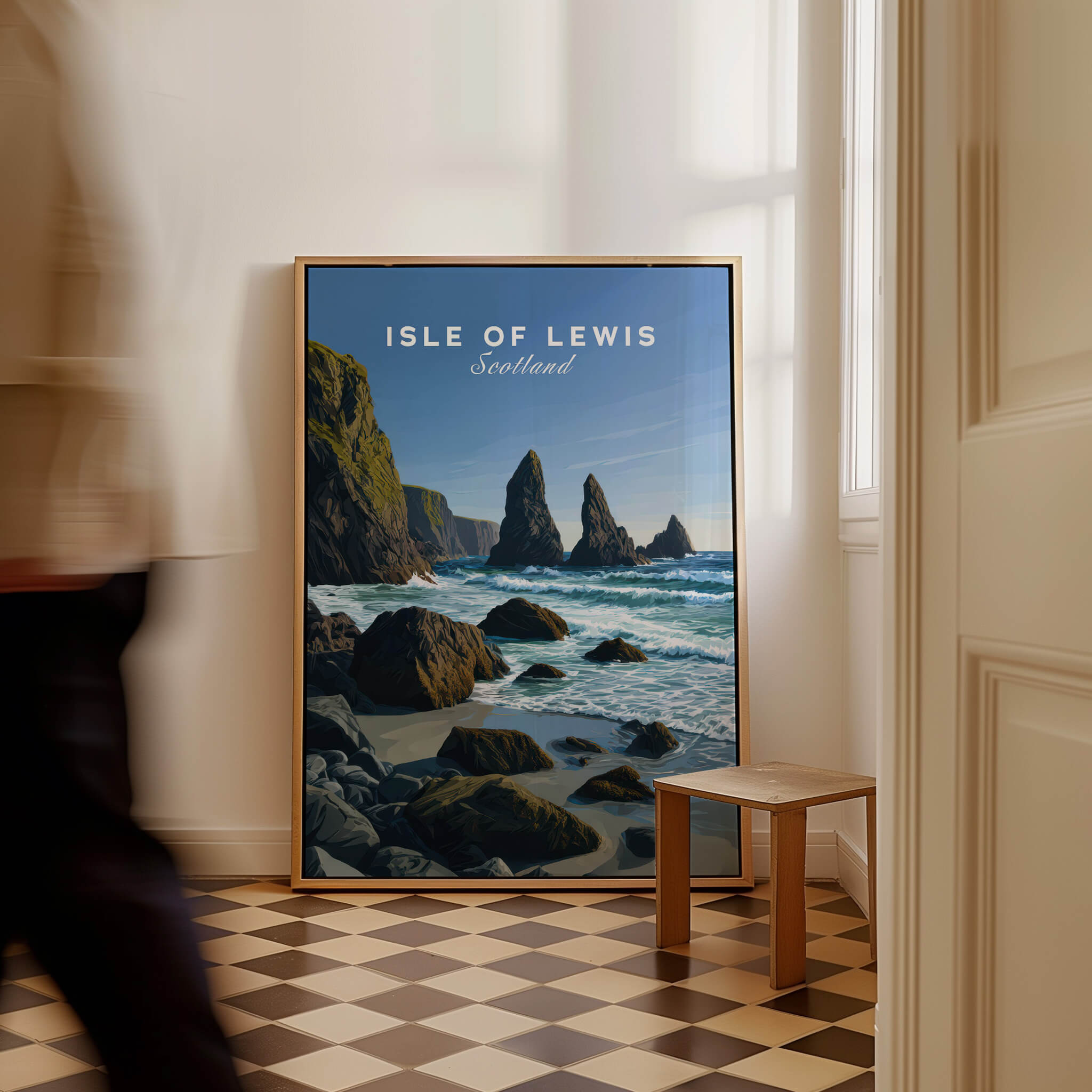 Isle of Lewis Scotland Wall Art Print | Mangersta Stacks Travel Poster displayed in a stylish interior setting.