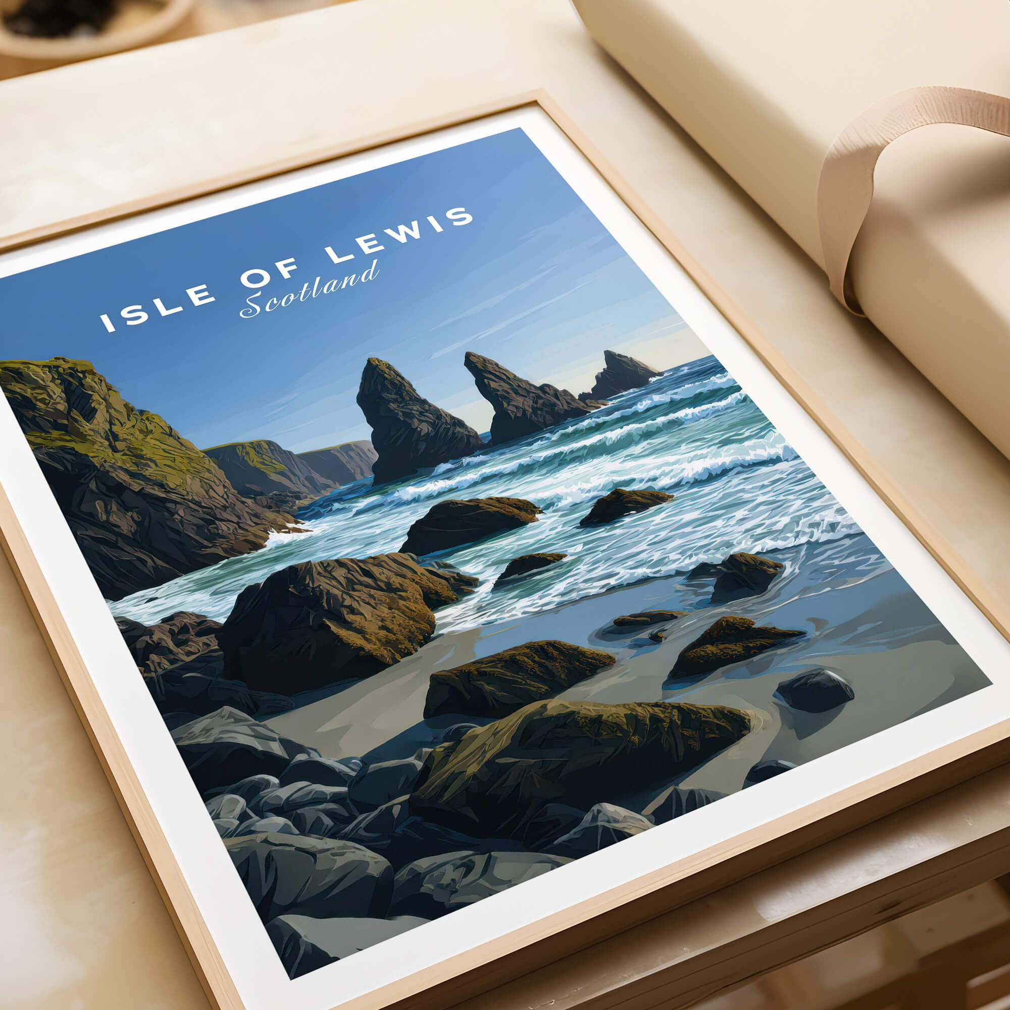 Isle of Lewis Scotland Wall Art Print | Mangersta Stacks Travel Poster featuring sea stacks and coastline.