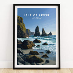 Isle of Lewis Scotland Wall Art Print | Mangersta Stacks Travel Poster featuring stunning sea stacks and coastline.