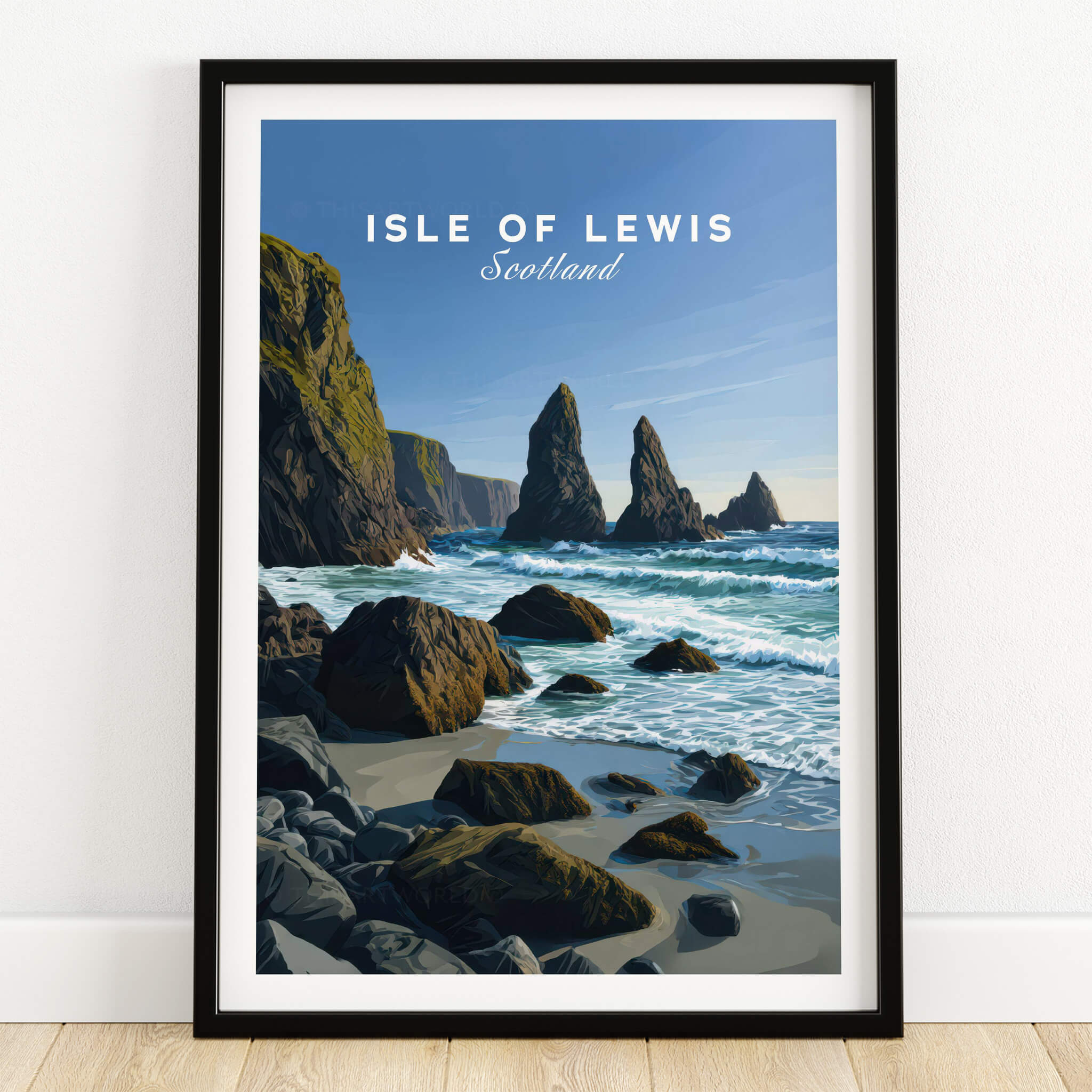 Isle of Lewis Scotland Wall Art Print | Mangersta Stacks Travel Poster featuring stunning sea stacks and coastline.
