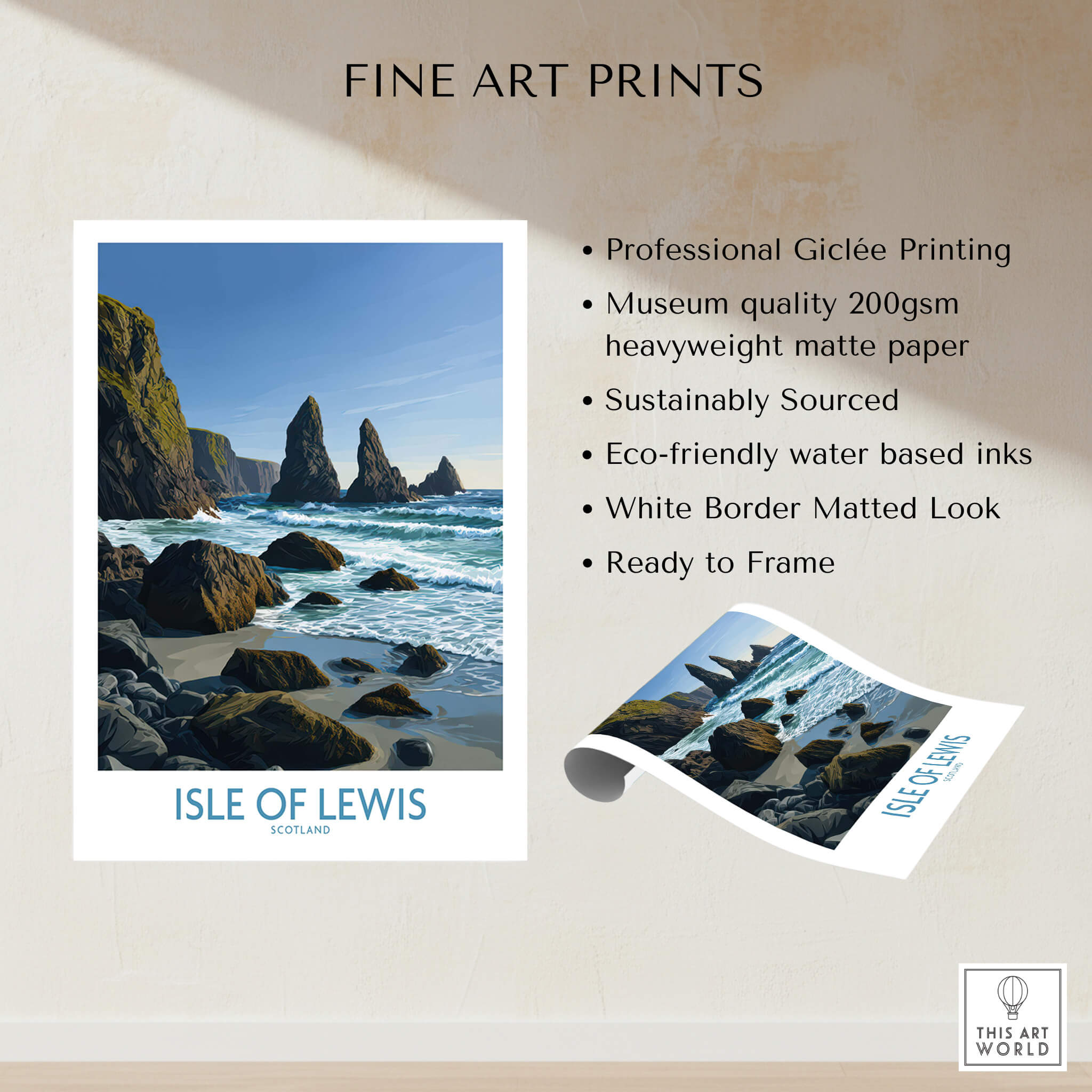 Isle of Lewis Scotland Poster | Dramatic Coastal Rock Canvas Print featuring coastal rocks and ocean waves in vibrant colors.