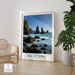 Isle of Lewis Scotland Poster | Dramatic Coastal Rock Canvas Print displayed in modern decor.