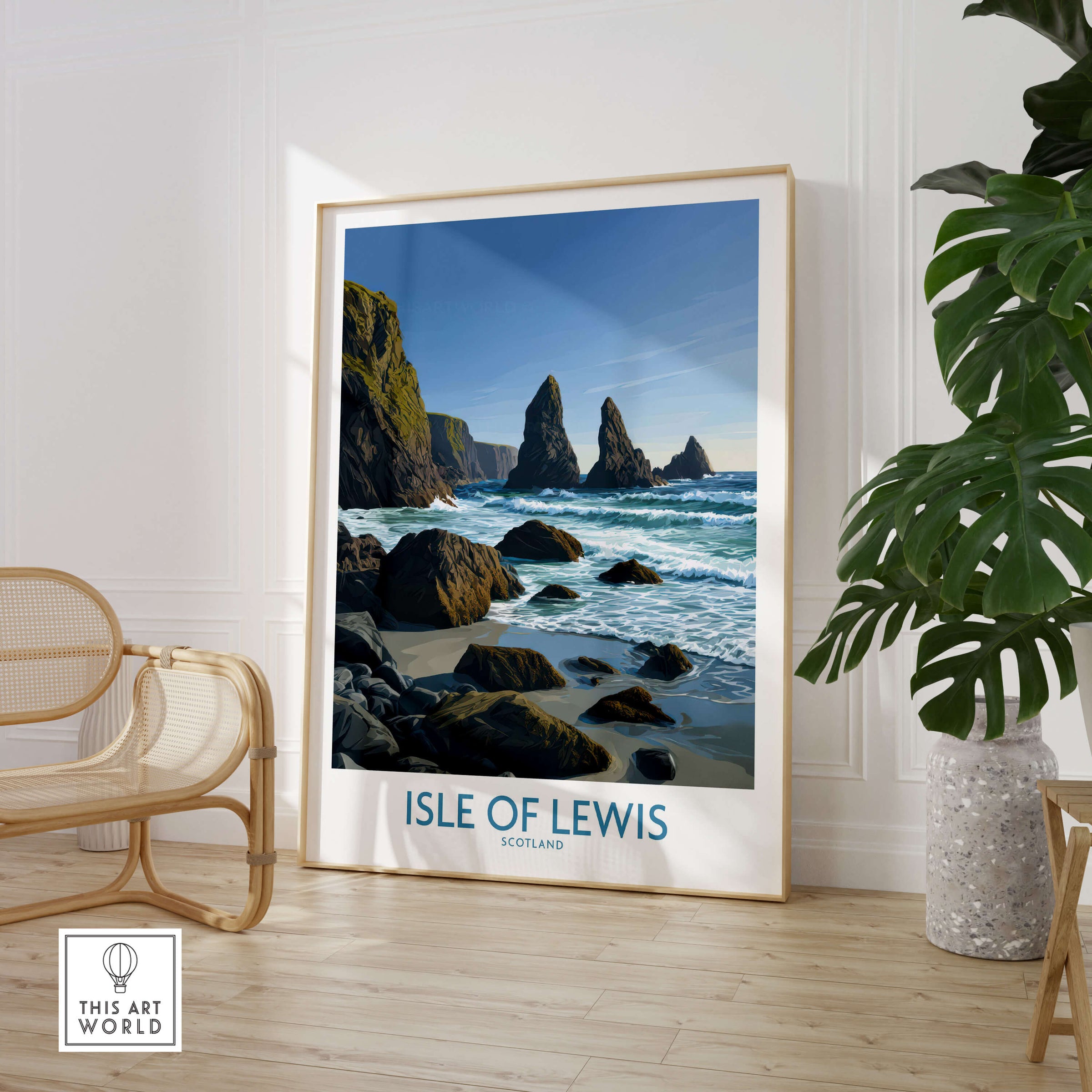Isle of Lewis Scotland Poster | Dramatic Coastal Rock Canvas Print displayed in modern decor.