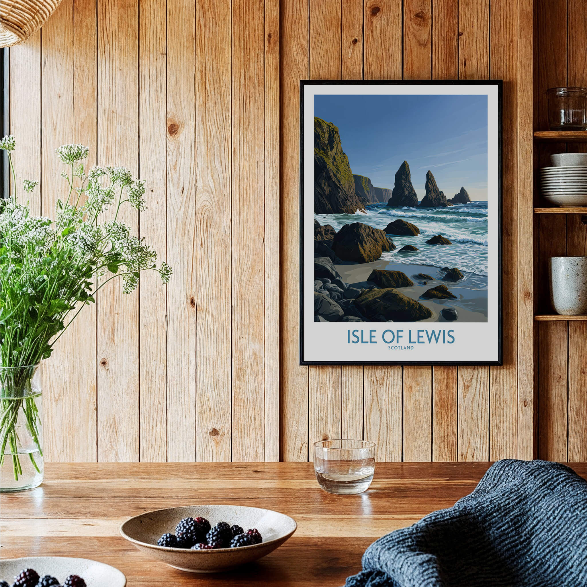 Isle of Lewis Scotland Poster | Dramatic Coastal Rock Canvas Print displayed in a rustic wooden setting with flowers.