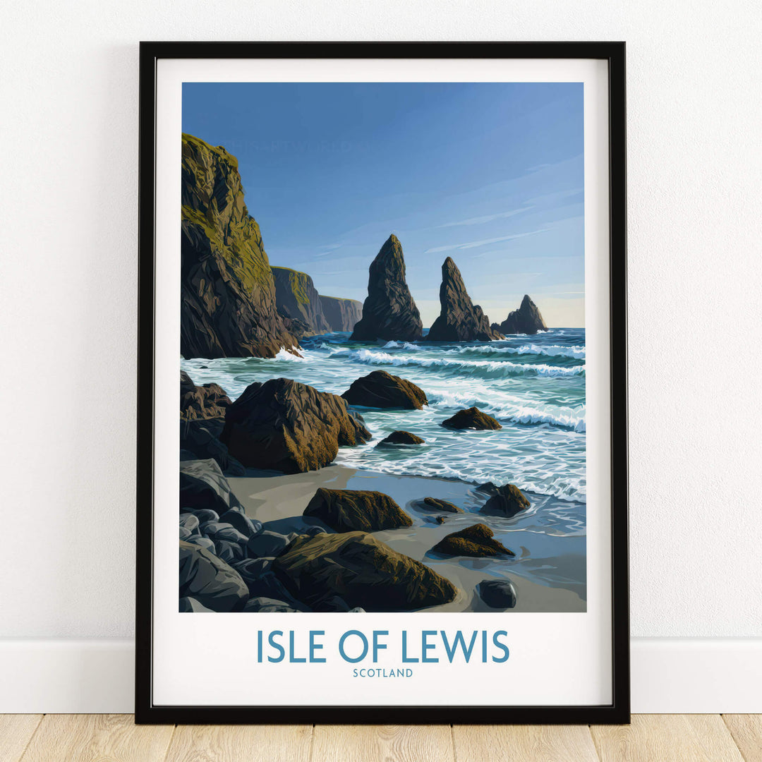 Isle of Lewis Scotland Poster | Dramatic Coastal Rock Canvas Print showcasing towering coastal rocks and turbulent waters.