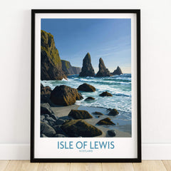 Isle of Lewis Scotland Poster | Dramatic Coastal Rock Canvas Print showcasing towering coastal rocks and turbulent waters.