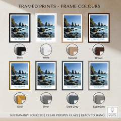 Isle of Lewis Scotland Poster | Dramatic Coastal Rock Canvas Print framed in various colors including black, white, natural, and brown.