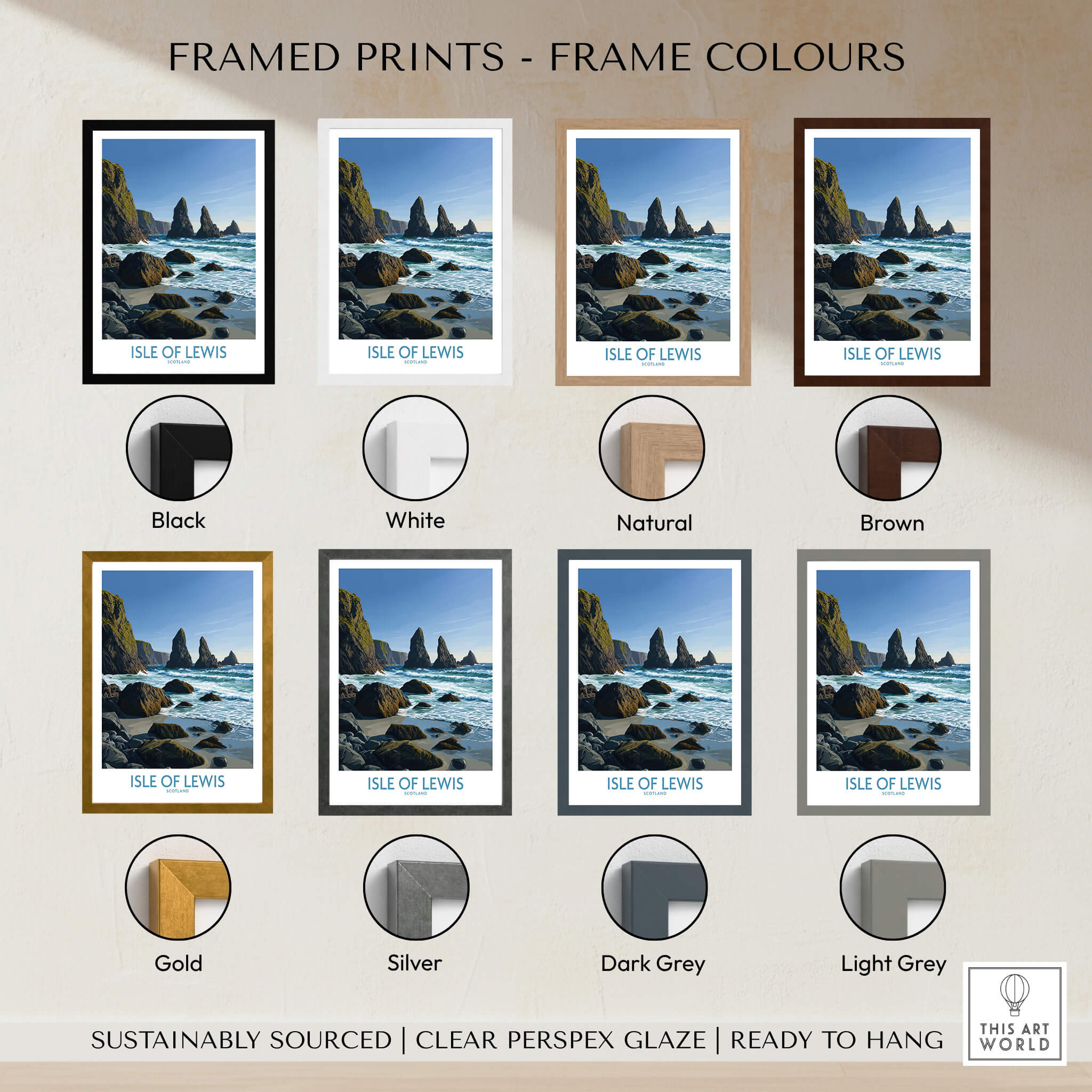 Isle of Lewis Scotland Poster | Dramatic Coastal Rock Canvas Print framed in various colors including black, white, natural, and brown.