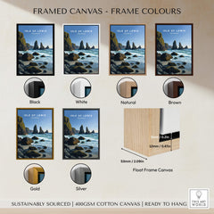Isle of Lewis Scotland Wall Art Print | Mangersta Stacks Travel Poster framed in various color options.