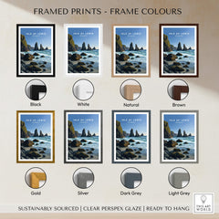 Isle of Lewis Scotland Wall Art Print | Mangersta Stacks Travel Poster displayed in various frame colors including black, white, gold, and silver.