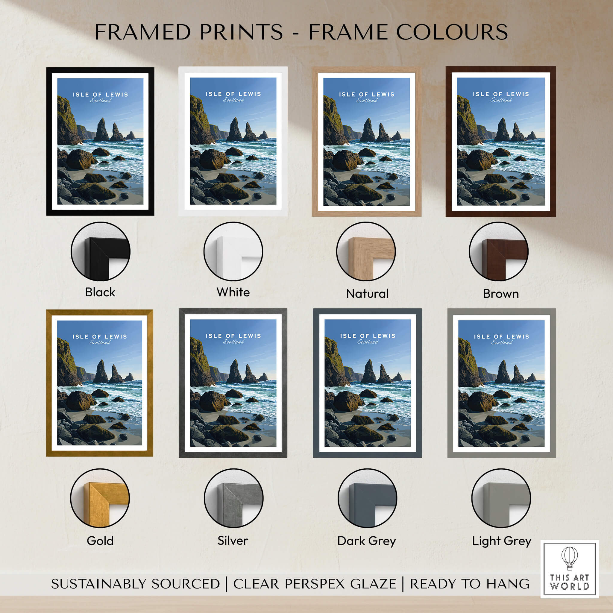 Isle of Lewis Scotland Wall Art Print | Mangersta Stacks Travel Poster displayed in various frame colors including black, white, gold, and silver.