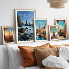 Isle of Lewis Scotland Wall Art Print | Mangersta Stacks Travel Poster displayed in a stylish interior setup.