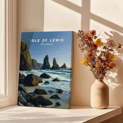 Isle of Lewis Scotland Wall Art Print | Mangersta Stacks Travel Poster displayed on a windowsill with a vase of flowers.