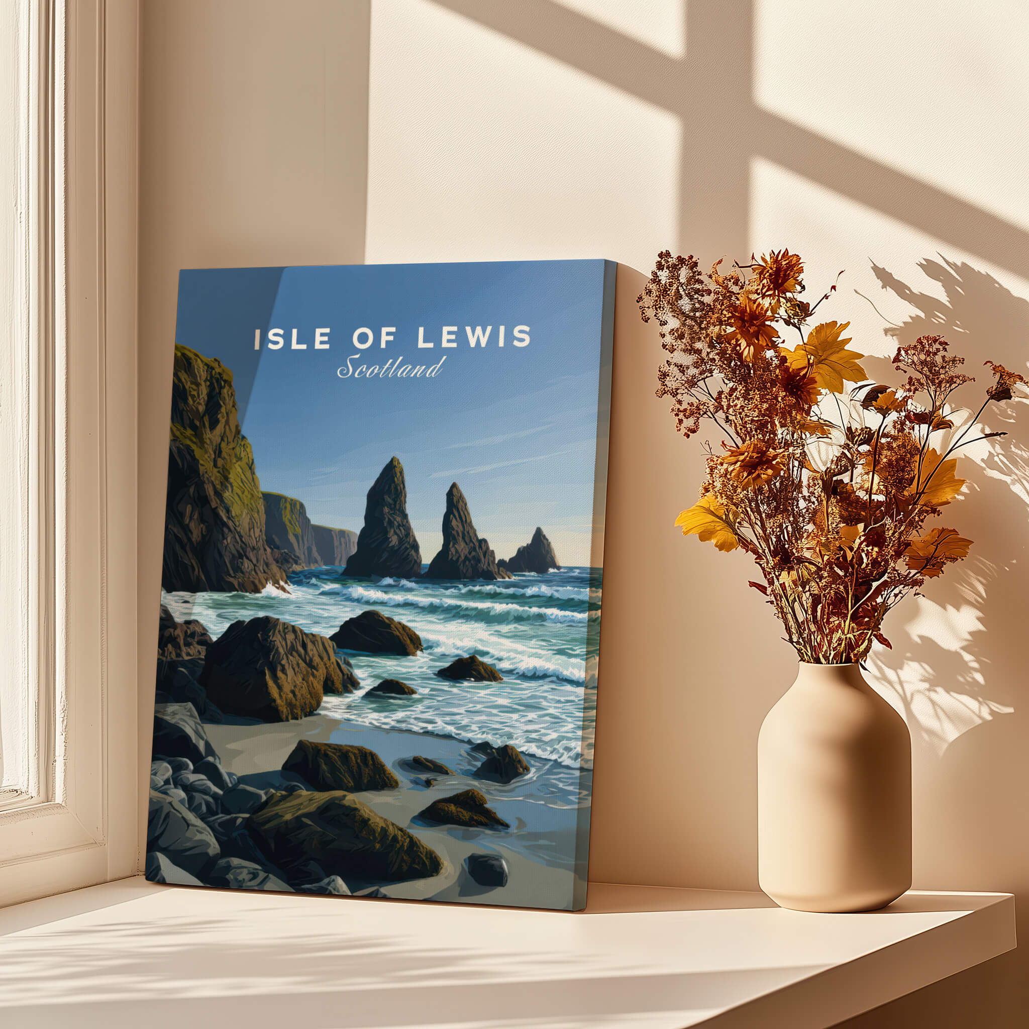 Isle of Lewis Scotland Wall Art Print | Mangersta Stacks Travel Poster displayed on a windowsill with a vase of flowers.