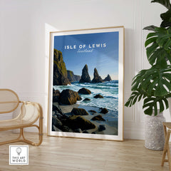 Isle of Lewis Scotland Wall Art Print | Mangersta Stacks Travel Poster displayed in a modern interior with plants.