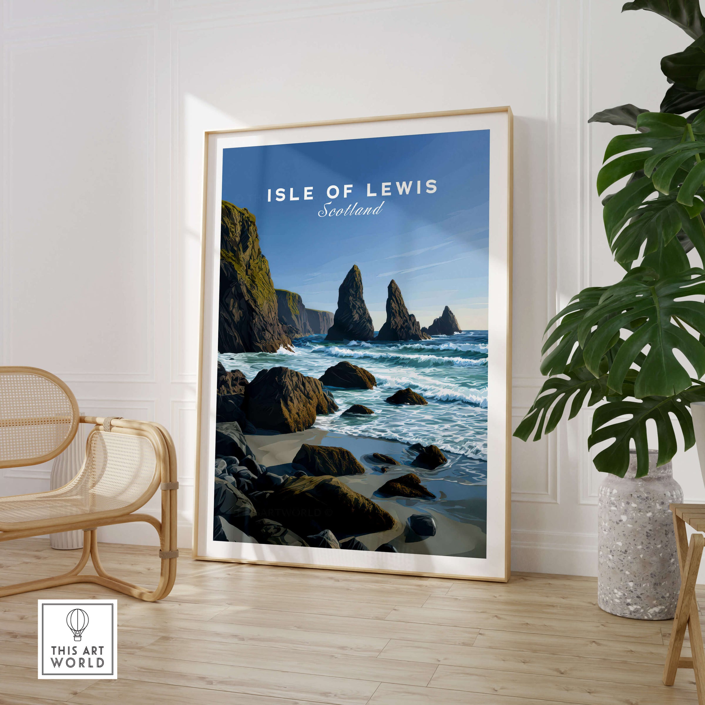 Isle of Lewis Scotland Wall Art Print | Mangersta Stacks Travel Poster displayed in a modern interior with plants.
