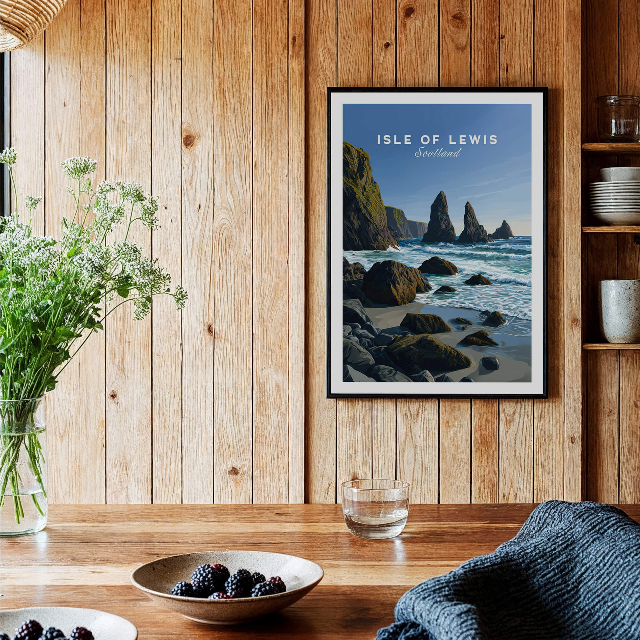 Isle of Lewis Scotland Wall Art Print | Mangersta Stacks Travel Poster displayed in a cozy interior.