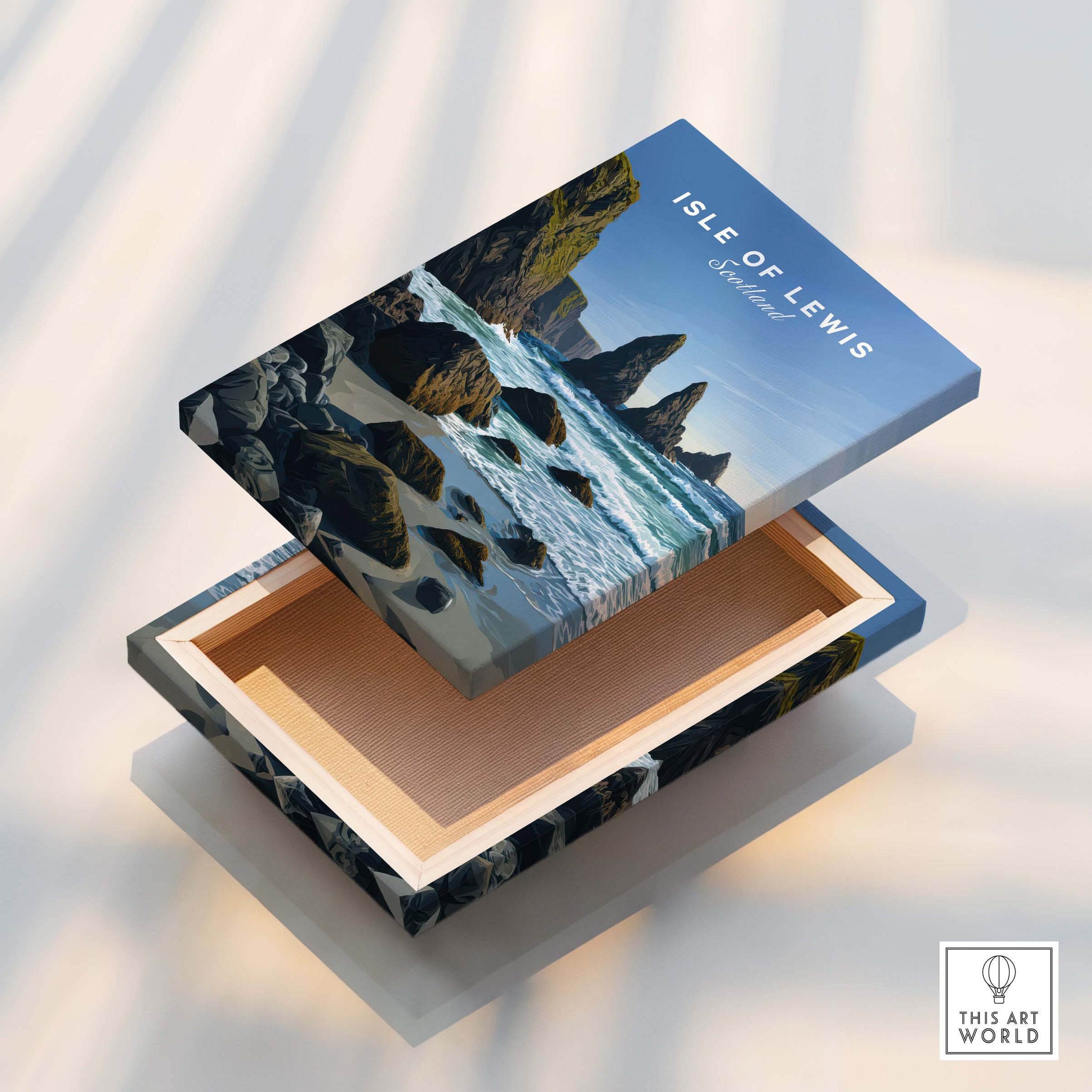 Isle of Lewis Scotland Wall Art Print | Mangersta Stacks Travel Poster on a decorative box.