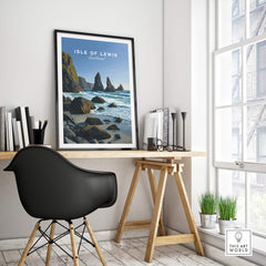 Isle of Lewis Scotland Wall Art Print | Mangersta Stacks Travel Poster displayed in a stylish modern interior.