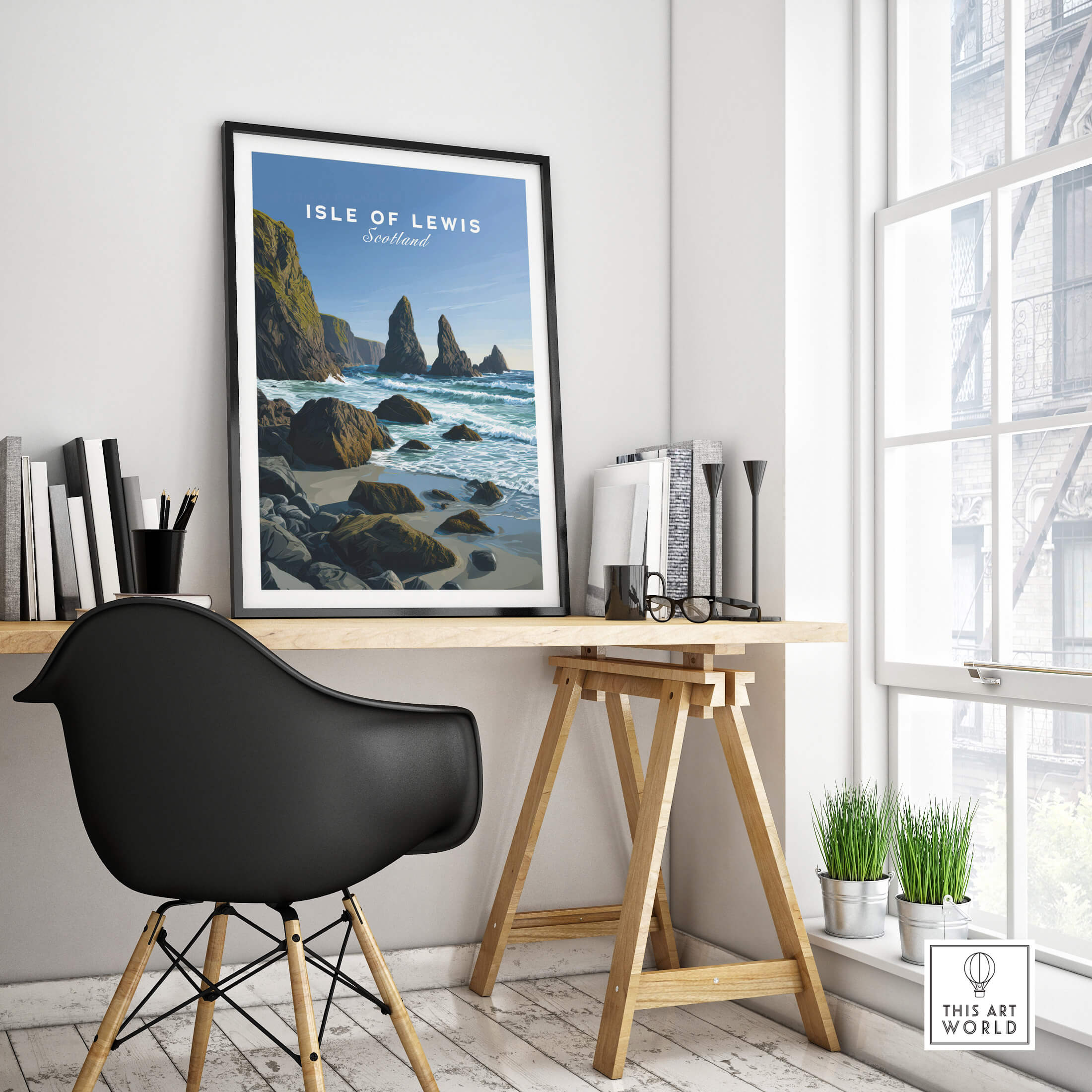 Isle of Lewis Scotland Wall Art Print | Mangersta Stacks Travel Poster displayed in a stylish modern interior.