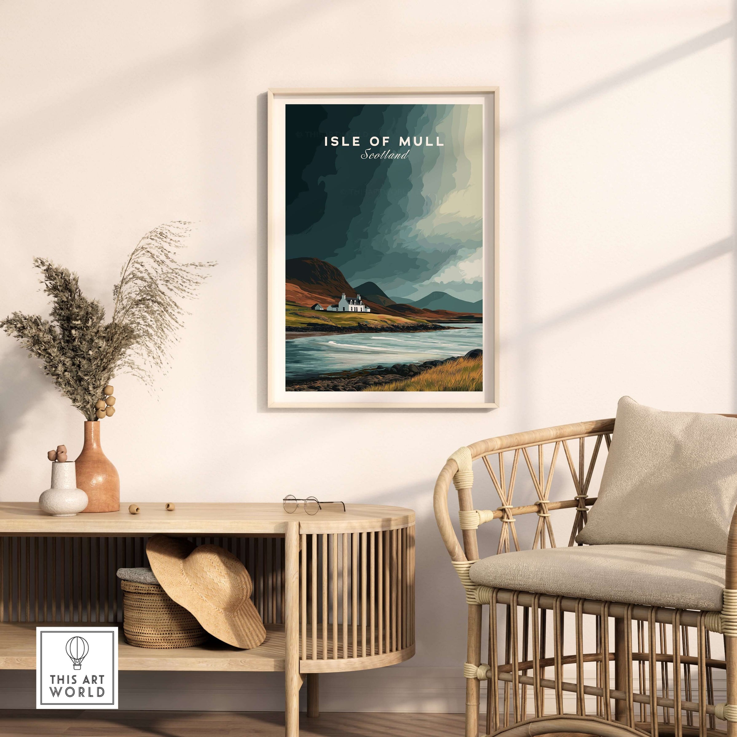 Isle of Mull Scotland Coastal Cottage Print - Scottish Highlands Wall Art displayed in a cozy living room setting.