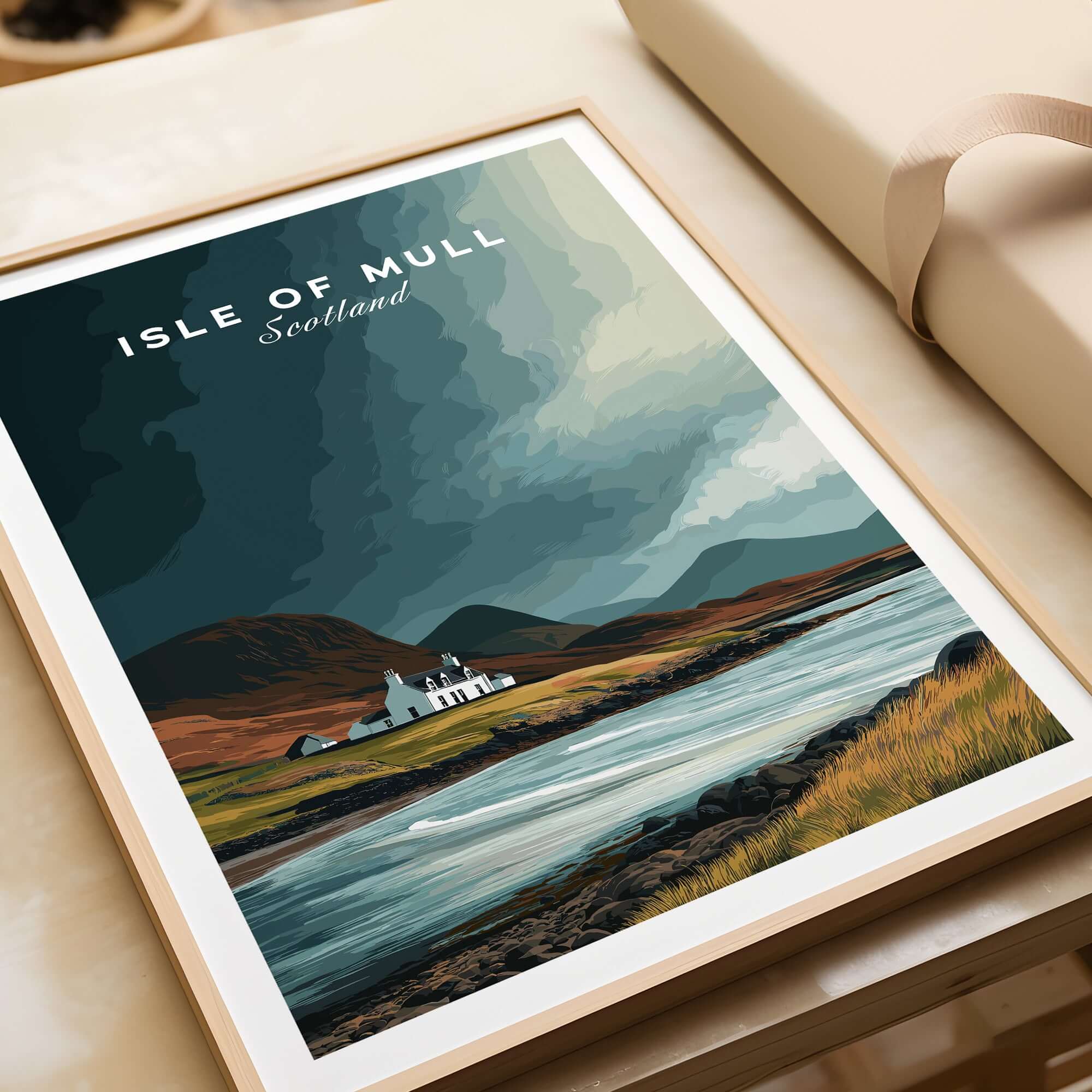 Isle of Mull Scotland Coastal Cottage Print - Scottish Highlands Wall Art showcasing a serene coastal landscape.
