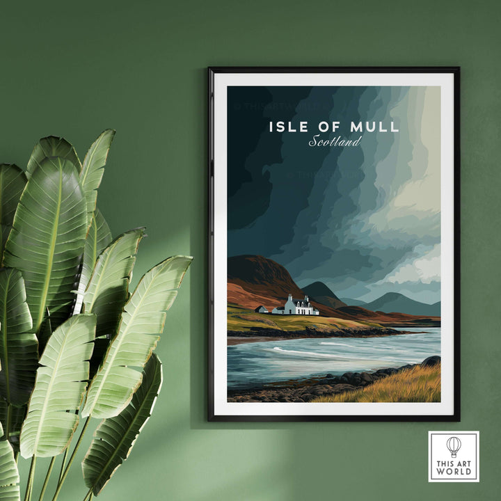 Isle of Mull Scotland Coastal Cottage print with lush greenery, capturing scenic beauty of Scottish Highlands.