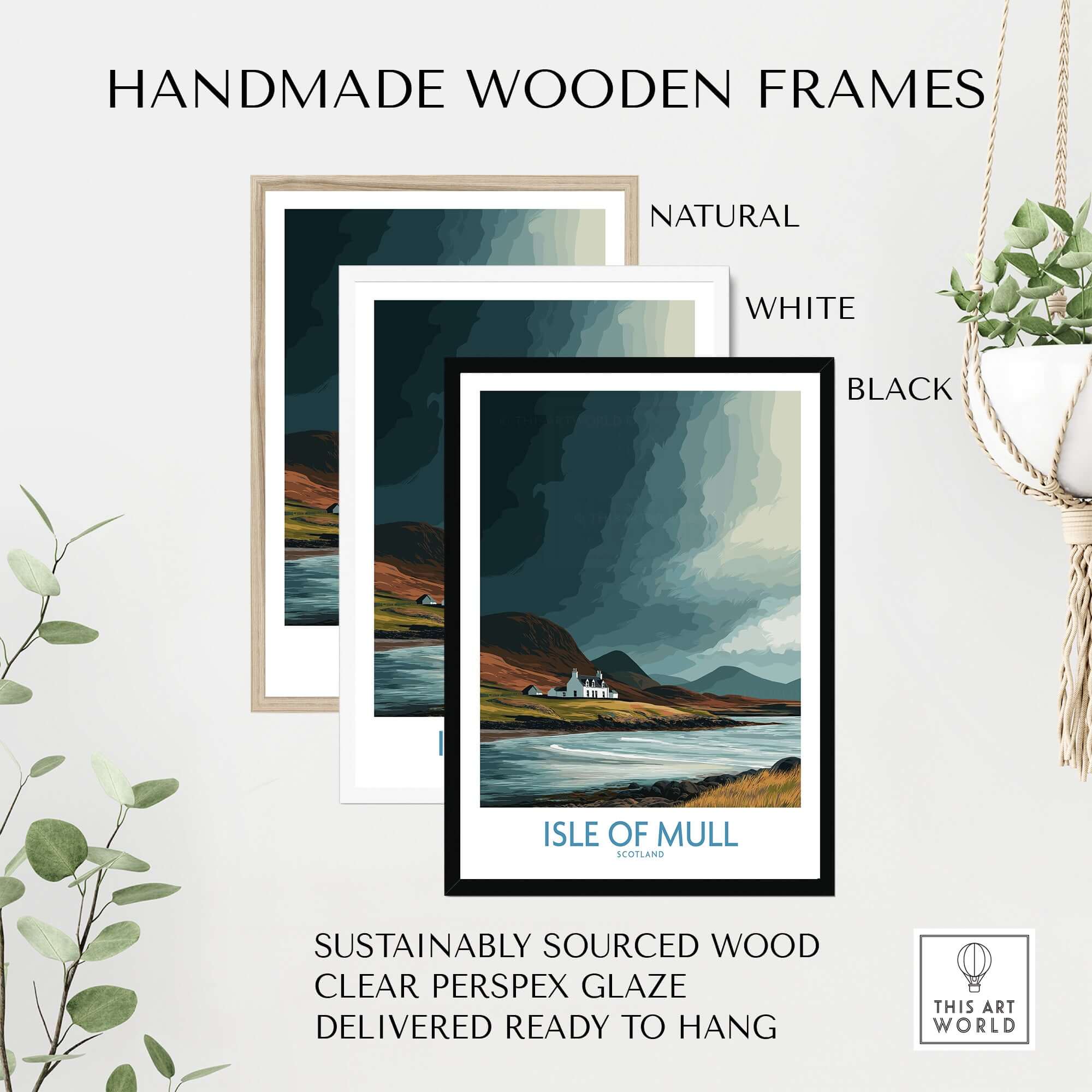 Isle of Mull Scotland Dramatic Landscape Poster - Wild Scottish Island Poster in handmade wooden frames, natural, white, black.