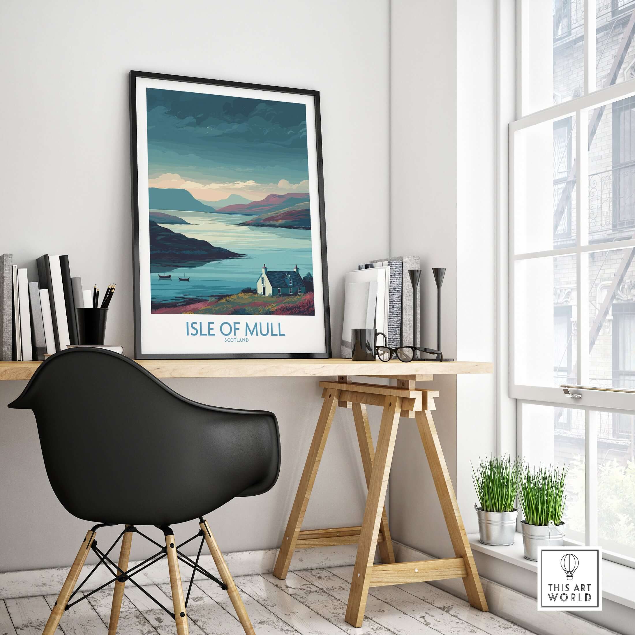 Isle of Mull Scotland Misty Landscape Wall Art - Rural Scotland Decor displayed in a modern workspace.