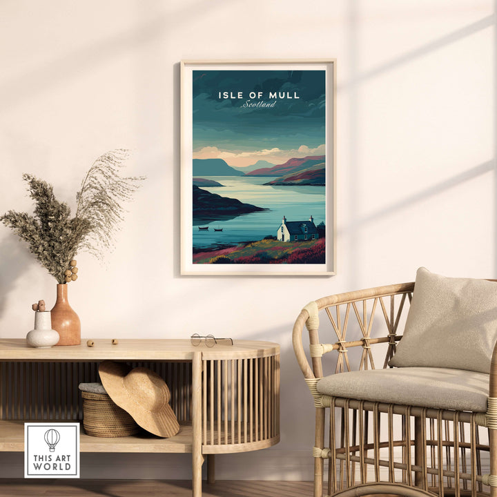 Isle of Mull poster showcasing serene Scottish landscapes in a cozy interior setting.