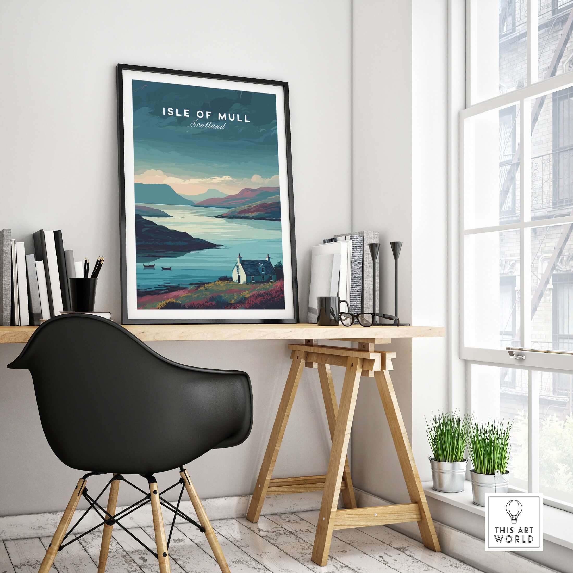 Isle of Mull Poster Scotland Print - Serene Scottish Wall Art displayed in a modern room with a stylish desk.